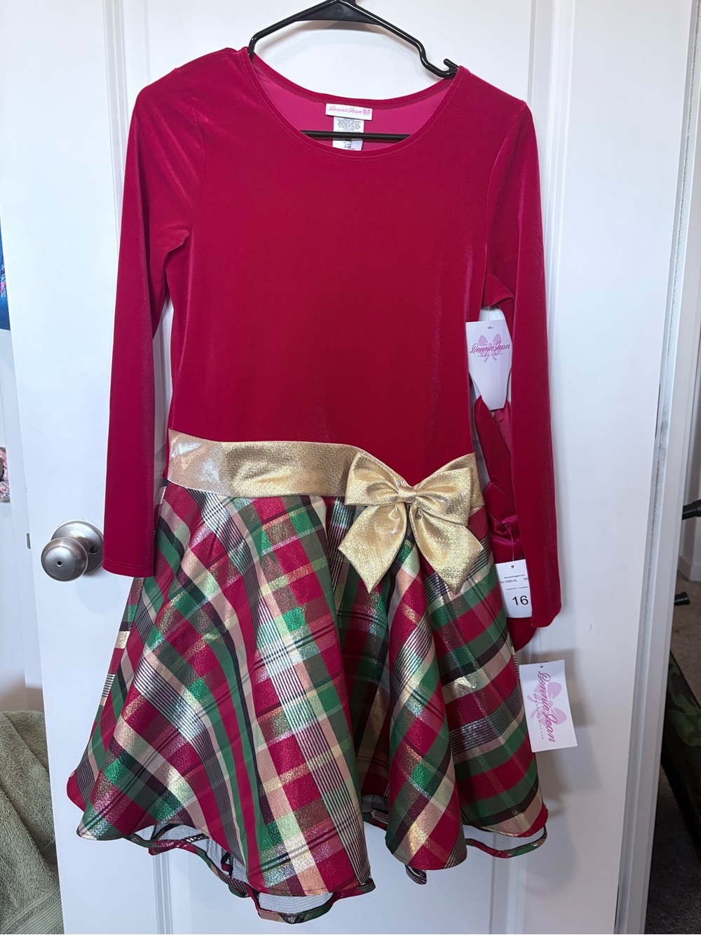 Bonnie Jean Red Velvet Top Plaid Skirt Dress with Gold Bow and bag